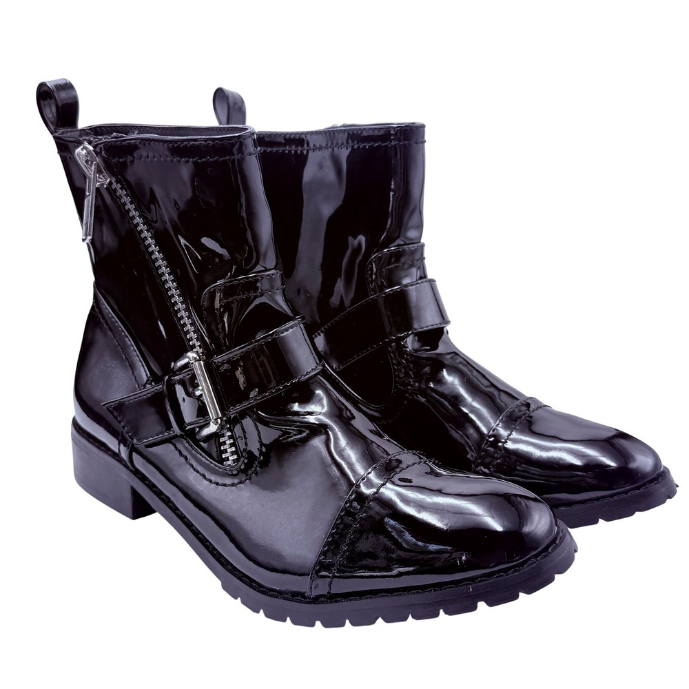 Restricted Women 7.5 Black Patent Moto Ankle Boots Buckle Zip READ